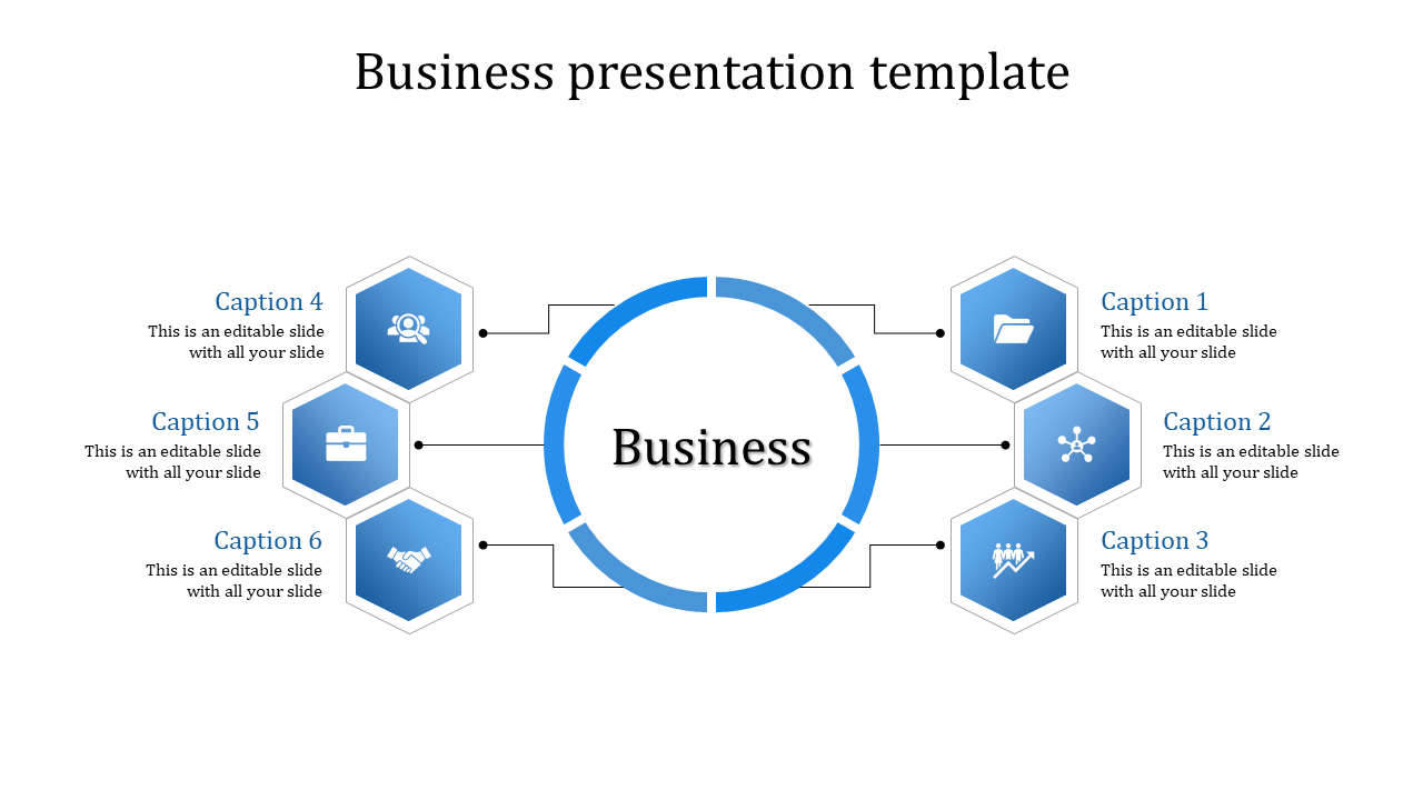 PowerPoint template featuring a central Business circle surrounded by six blue hexagons with captions and icons.