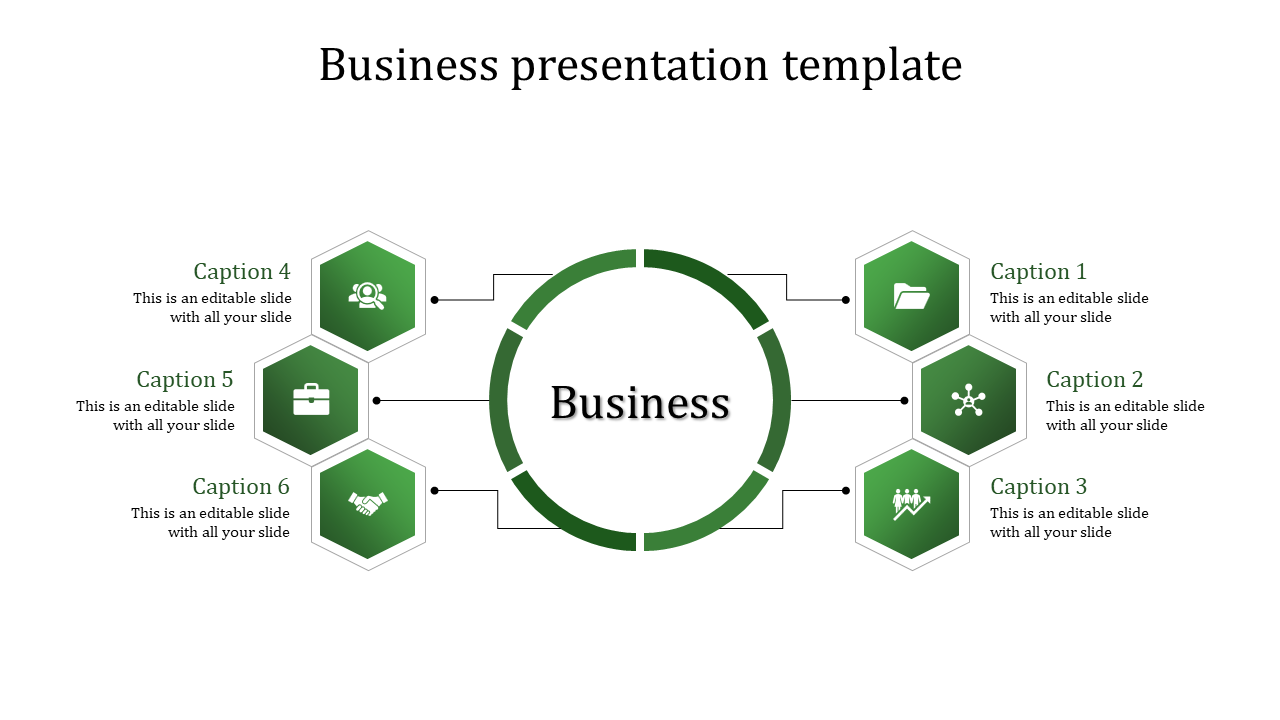 Business presentation template featuring a central circle surrounded by six green hexagons with captions and icons.