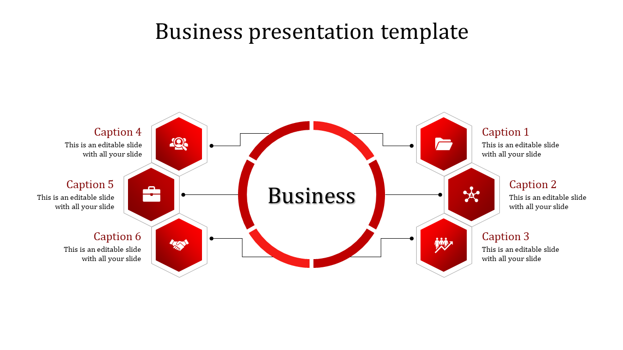 Business PPT template featuring a central circle with six red hexagons surrounding it, each with a caption and icon.