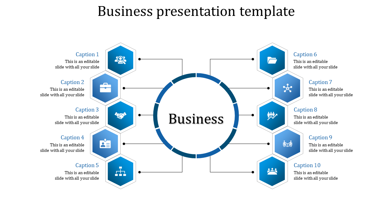 Blue themed business template featuring a central circle and ten surrounding hexagonal icons with captions.