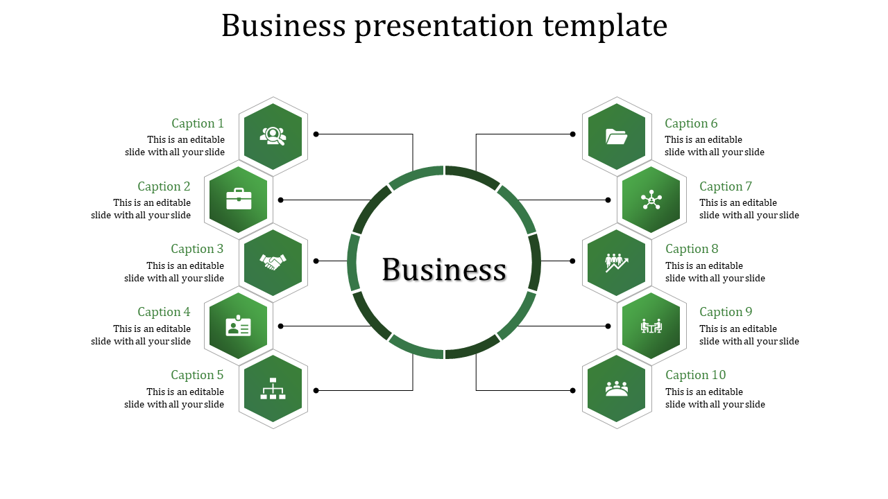 Business template featuring a central circle with label, connected to ten green hexagons with icons and captions.