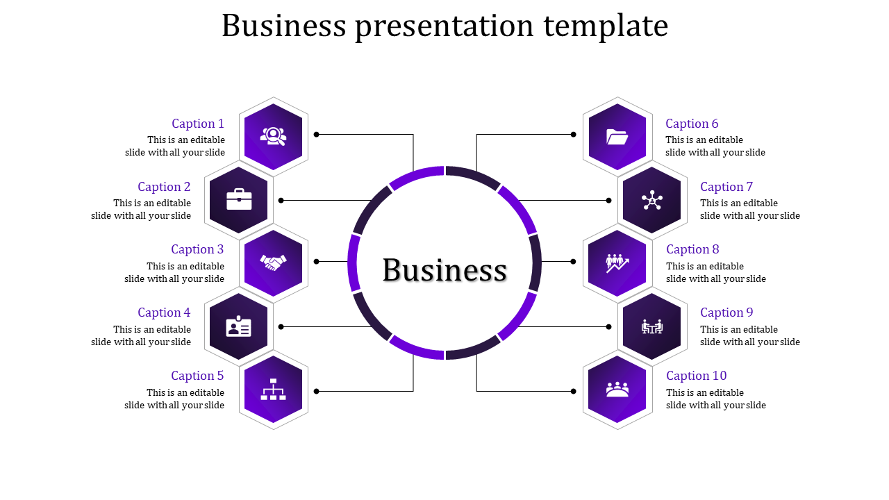 Business presentation template with a central circle and ten colorful hexagon sections for captions and icons.