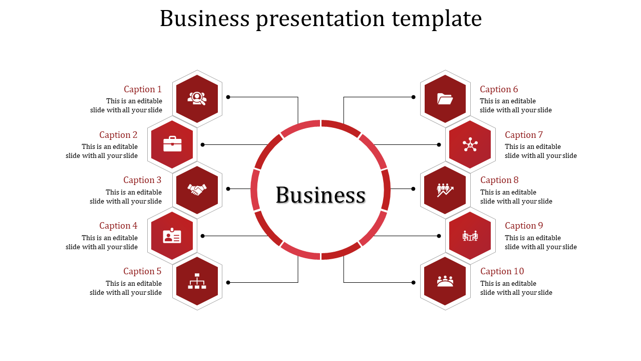 Red themed circular business slide with ten hexagonal icons and captions linked to the central circle.