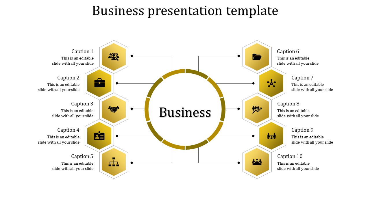 Business presentation template featuring a central circle with ten colored hexagonal sections with captions.