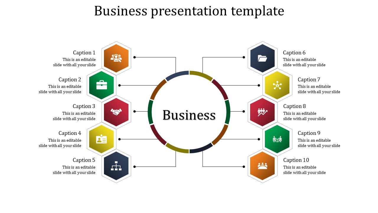 Business PPT template with a central circle and ten surrounding colorful hexagons, each with captions and icons.