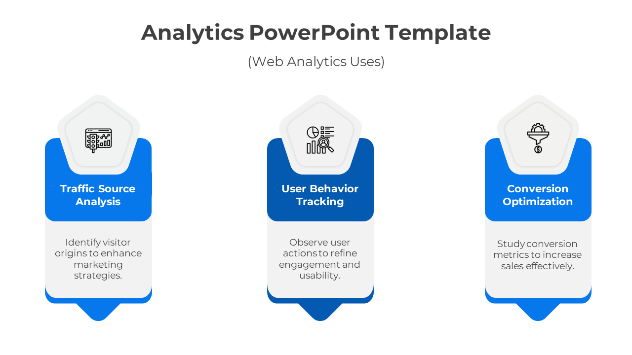 Structured analytics template with blue visuals and pentagonal icons illustrating three data tracking elements.