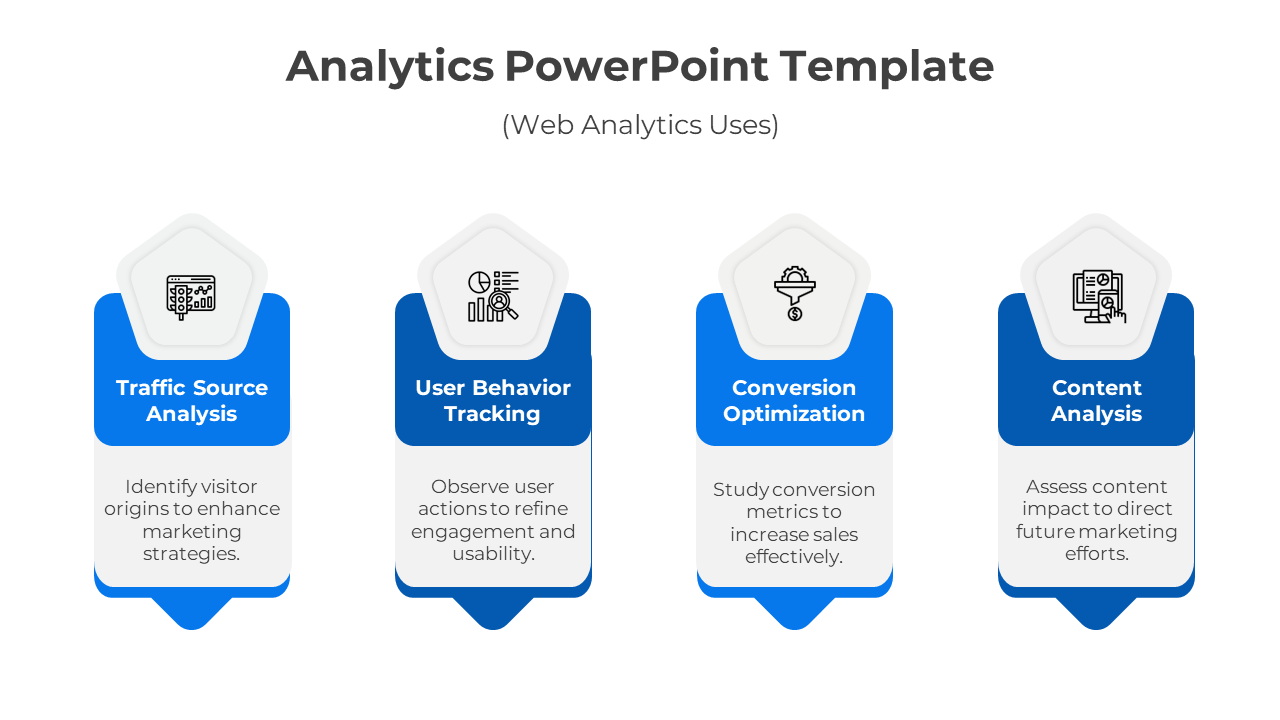 Four blue and white sections for web analytics uses, featuring icons and text placeholders.