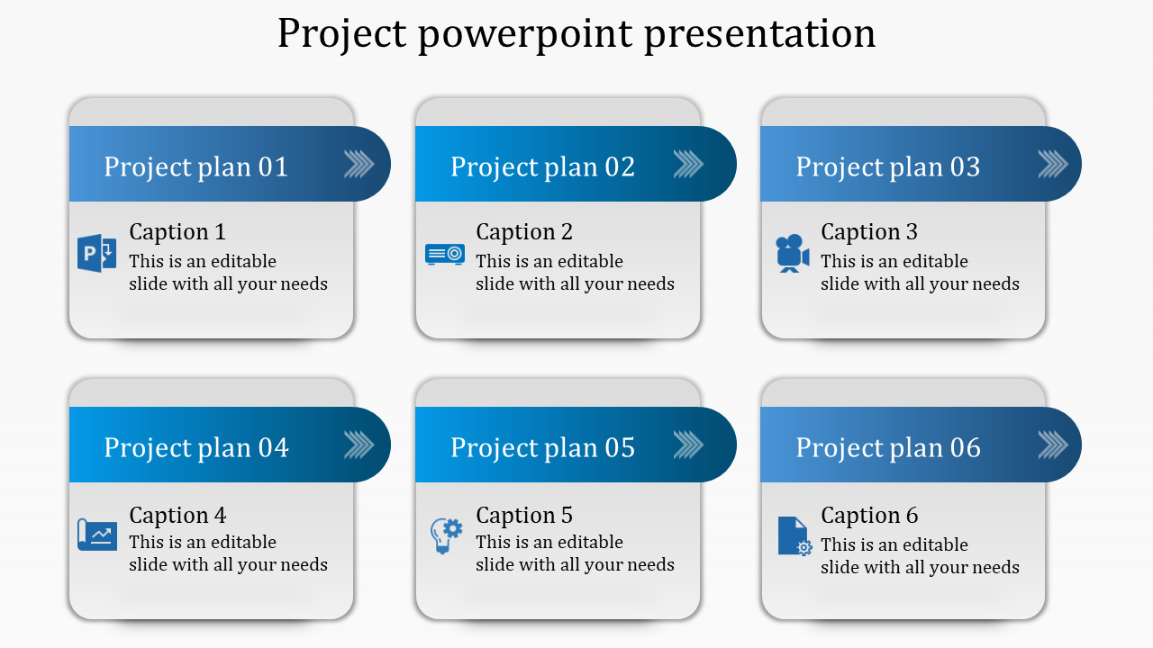 Six gray project plan boxes with blue headers in two rows, each with captions and icons for different stages.