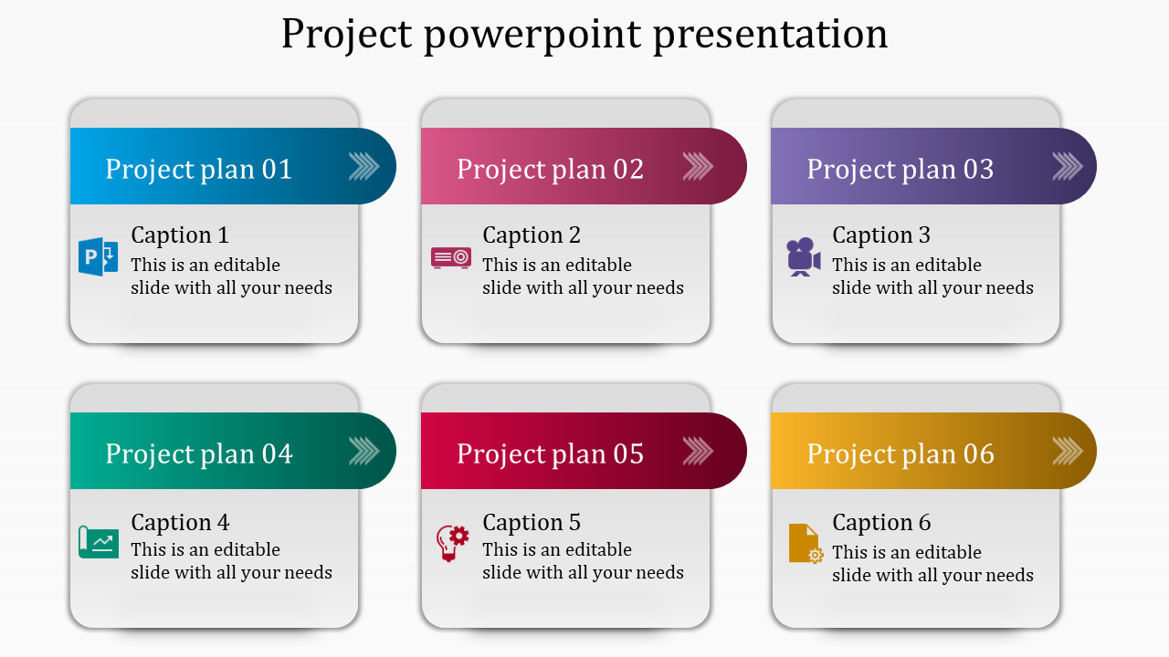 Project plan PowerPoint template showcasing six sections with distinct colors and icons for each plan.