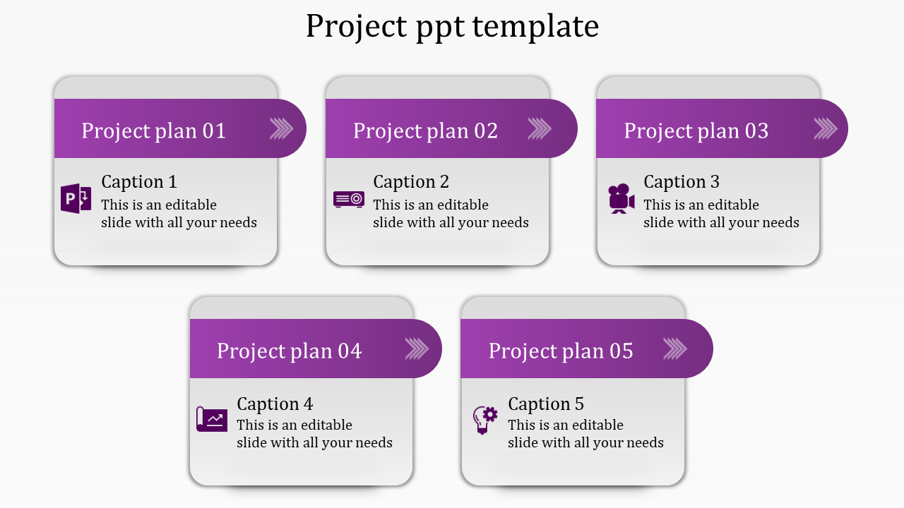 Project PPT template with five stages labeled Project Plan 01 to 05, featuring sections for each task and matching icons.