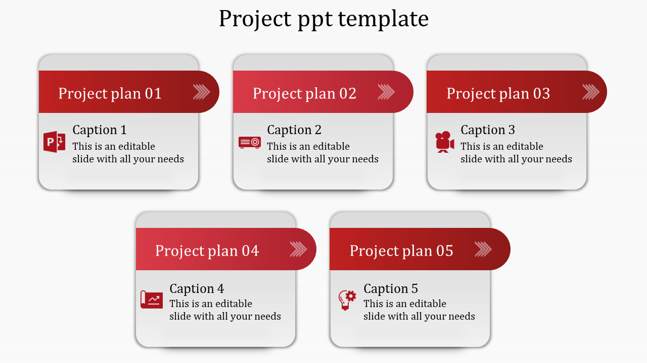 Project workflow template displaying five rounded rectangular boxes with bold red headers, placeholder text, and icons.