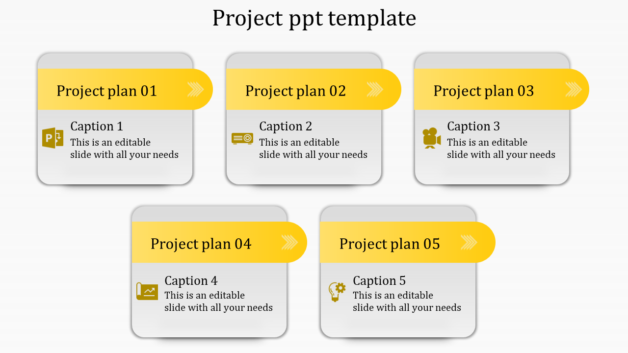 Yellow themed project layout with five rectangular sections arranged in a grid showcasing project plans and captions.