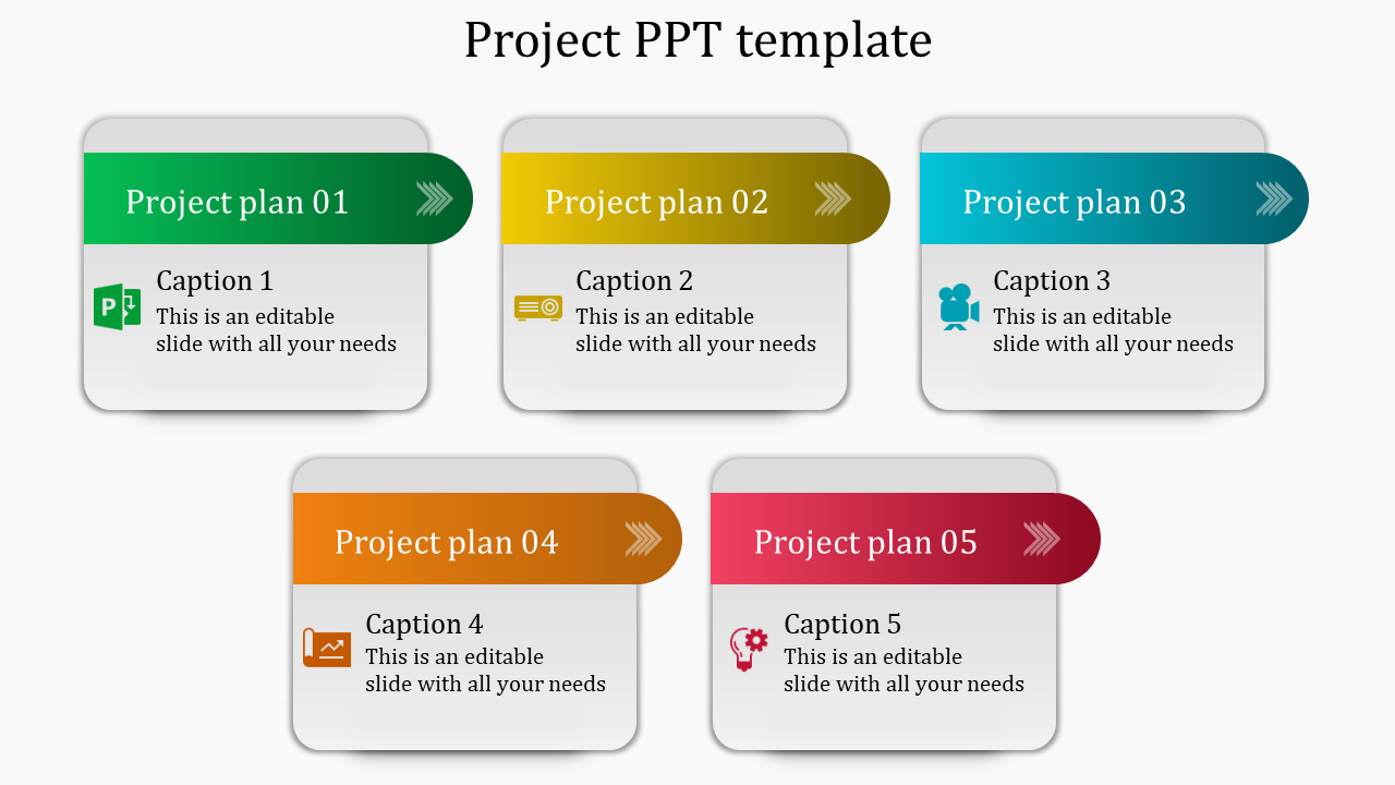 A project PowerPoint slide with five project plans, each labeled with a numbered section and corresponding icons.