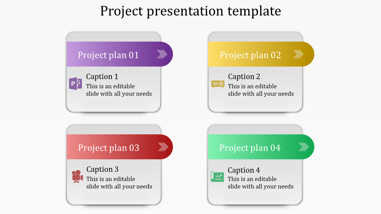 Project presentation layout with four colored rectangular sections in purple, yellow, red, and green with captions.