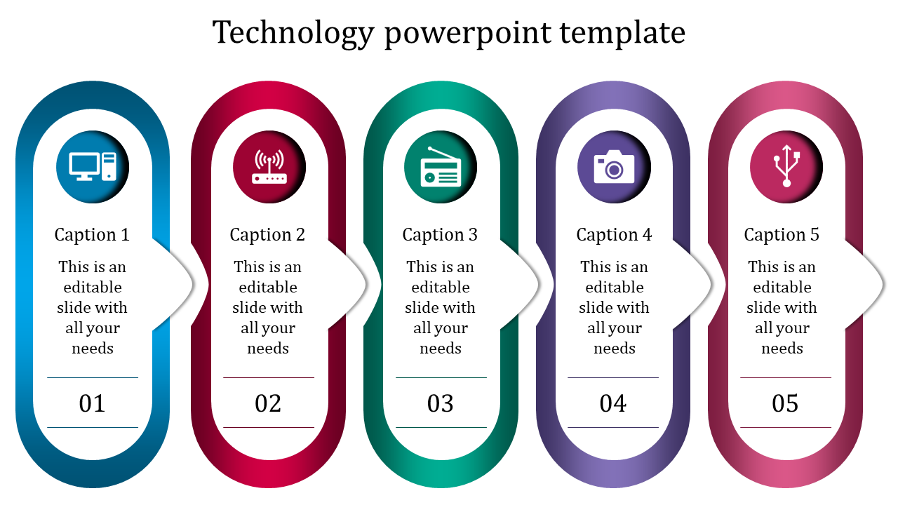 Five vertical oval shapes in blue, red, green, purple, and pink with icons and captions for a technology themed layout.