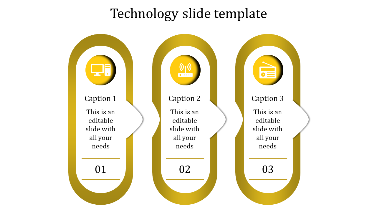 Technology slide featuring three numbered sections with icons for a computer, wireless signal, and radio with captions.