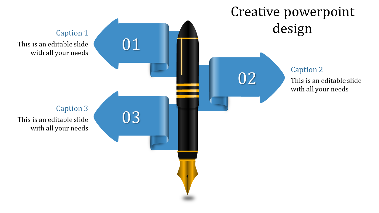 Fountain pen design with three blue arrows, numbered 01 to 03, and paired with corresponding captions.