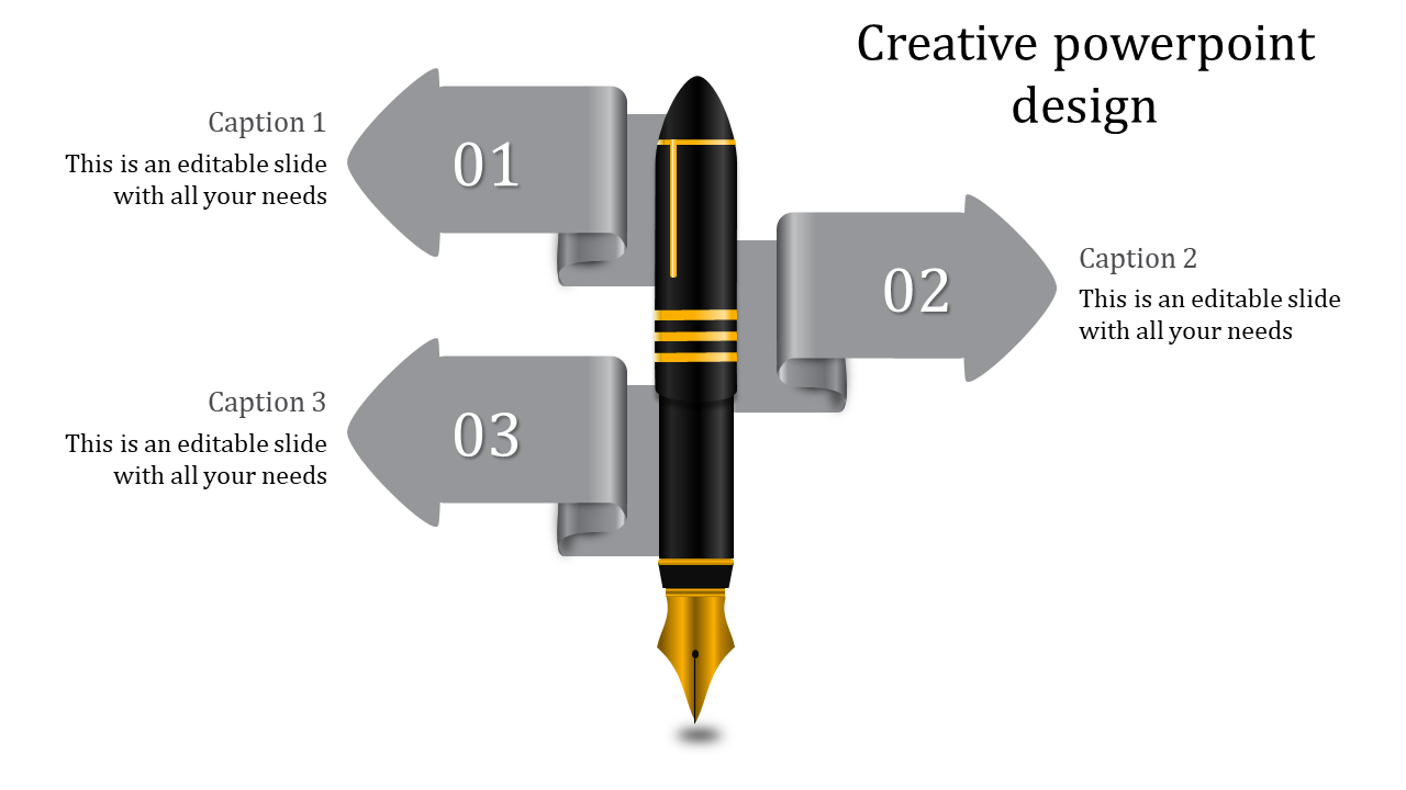 Creative slide design with a fountain pen in the center and arrows labeled 01, 02, and 03 pointing in different directions.