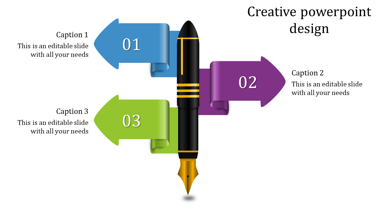 Slide featuring a black fountain pen with colorful arrows pointing in three directions, representing different concepts.