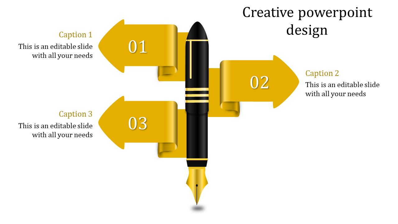 Creative design featuring a black and gold fountain pen at the center with arrow pointing outward placed in white background.