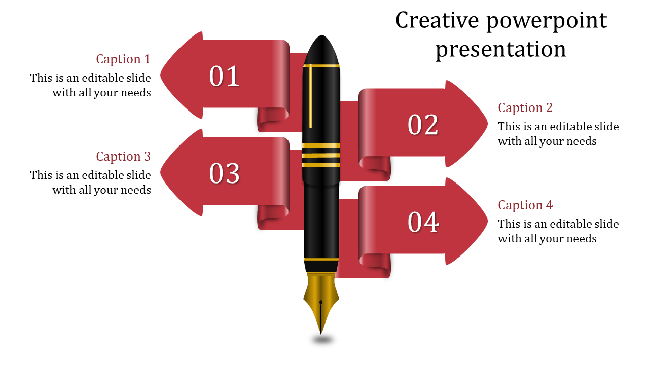 Black fountain pen in the center with four red ribbon shaped arrows pointing outward, labeled 01 to 04 with captions.