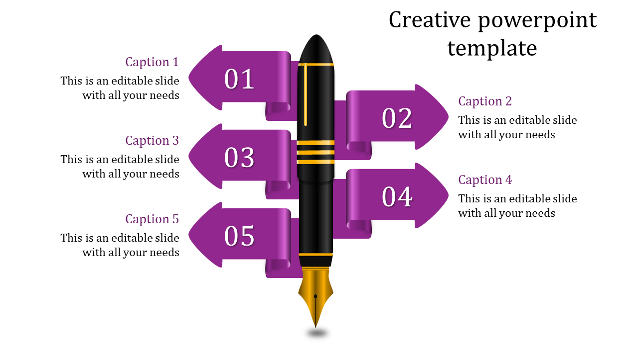 Creative design featuring a black and gold fountain pen at the center with five purple arrows pointing outward.