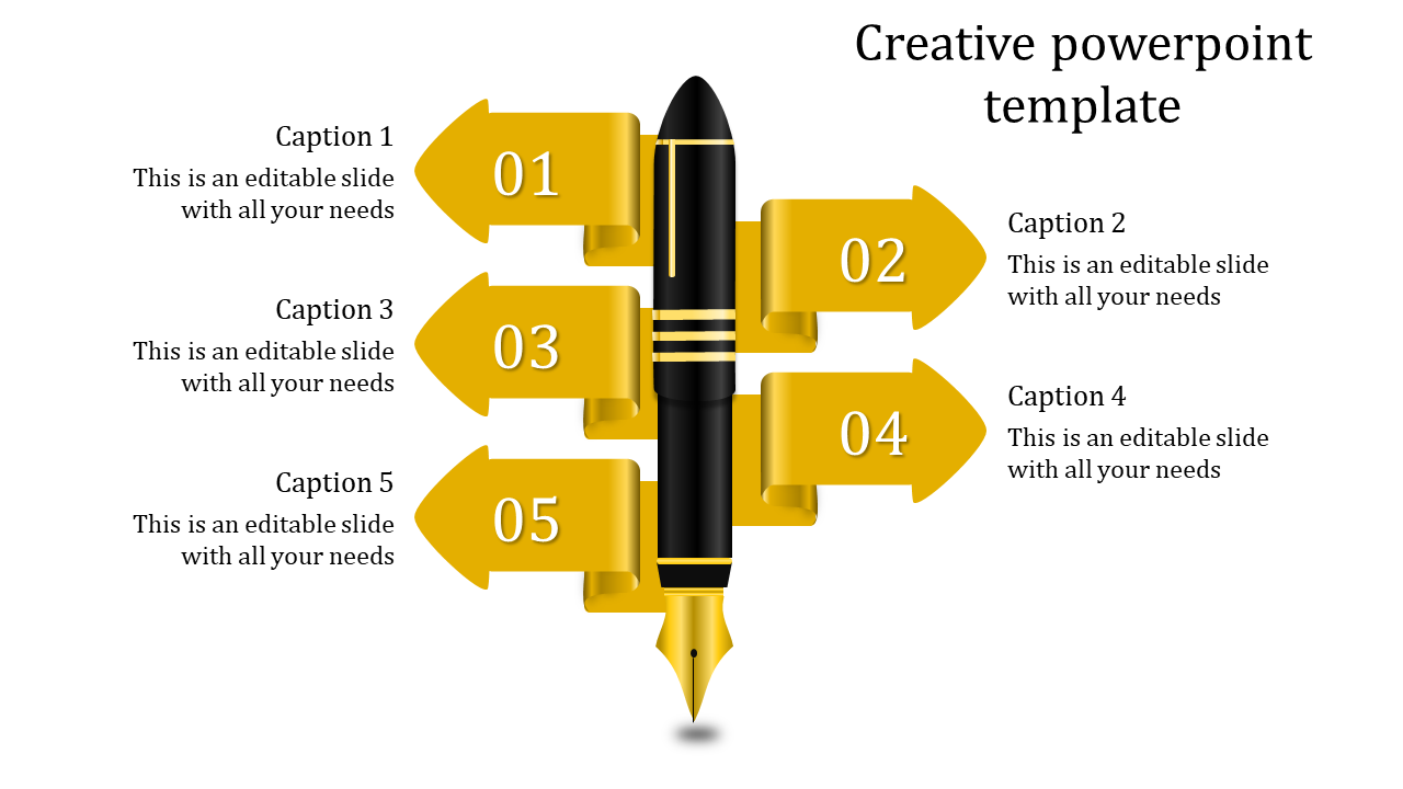 Creative PPT slide with a fountain pen surrounded by five yellow arrows numbered 01 to 05, with corresponding captions.