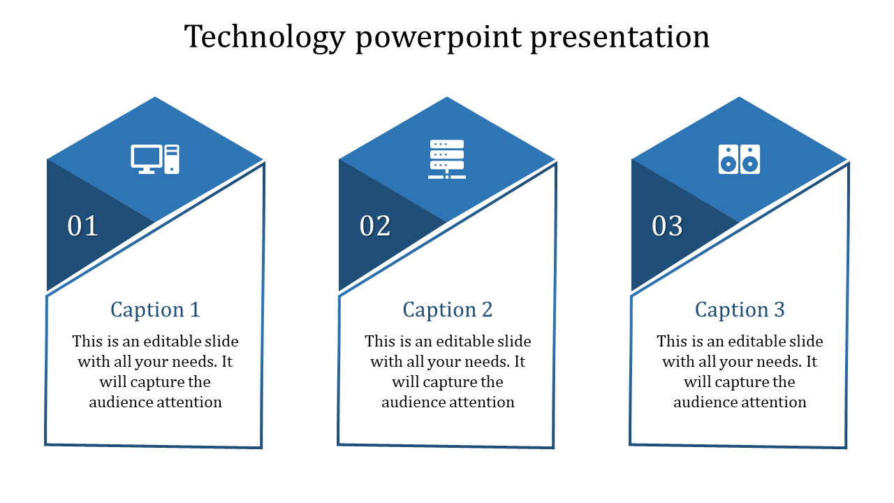 Three-step technology infographic with blue 3D pentagonal blocks featuring icons for a computer, server, and speakers.