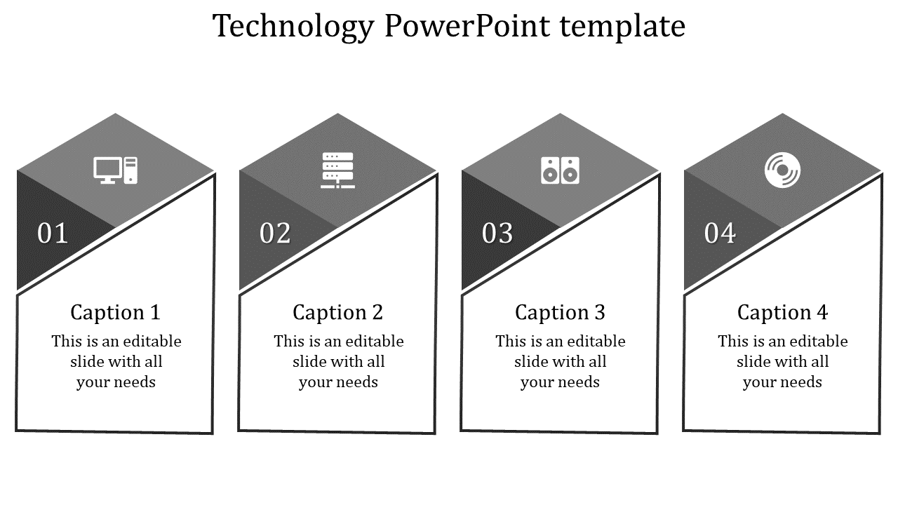 Creative tech slide design with four geometric sections each featuring a unique technology-related icon.