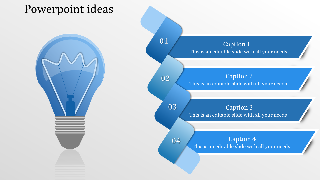 Ideas template with a light bulb illustration on the left and four sequential steps on the right in a ribbon format.