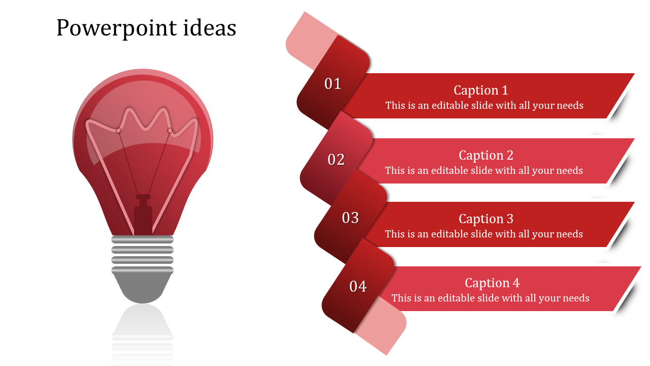 Light bulb graphic in red with silver base alongside four purple ribbons numbered 01 to 04 for text placement.