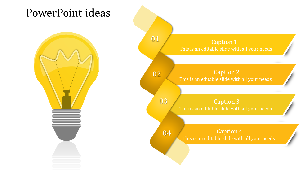 PowerPoint slide with a light bulb and four ribbon sections in yellow gradient for captions with placeholder text.