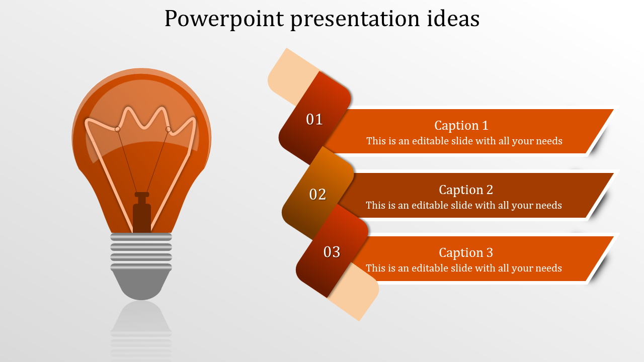 Ideas slide with an orange-toned light bulb illustration on the left and a structured three-step process on the right.