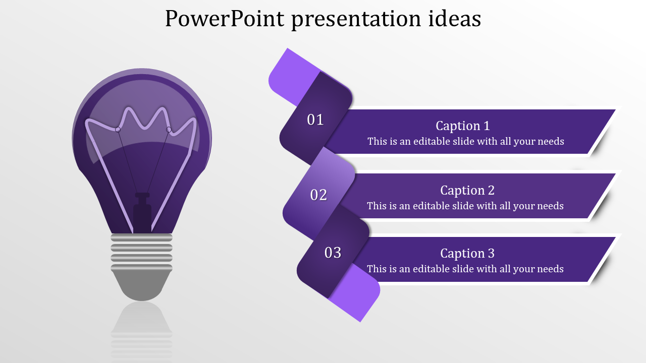 Purple light bulb on the left with three numbered ribbon banners and captions arranged vertically on the right.