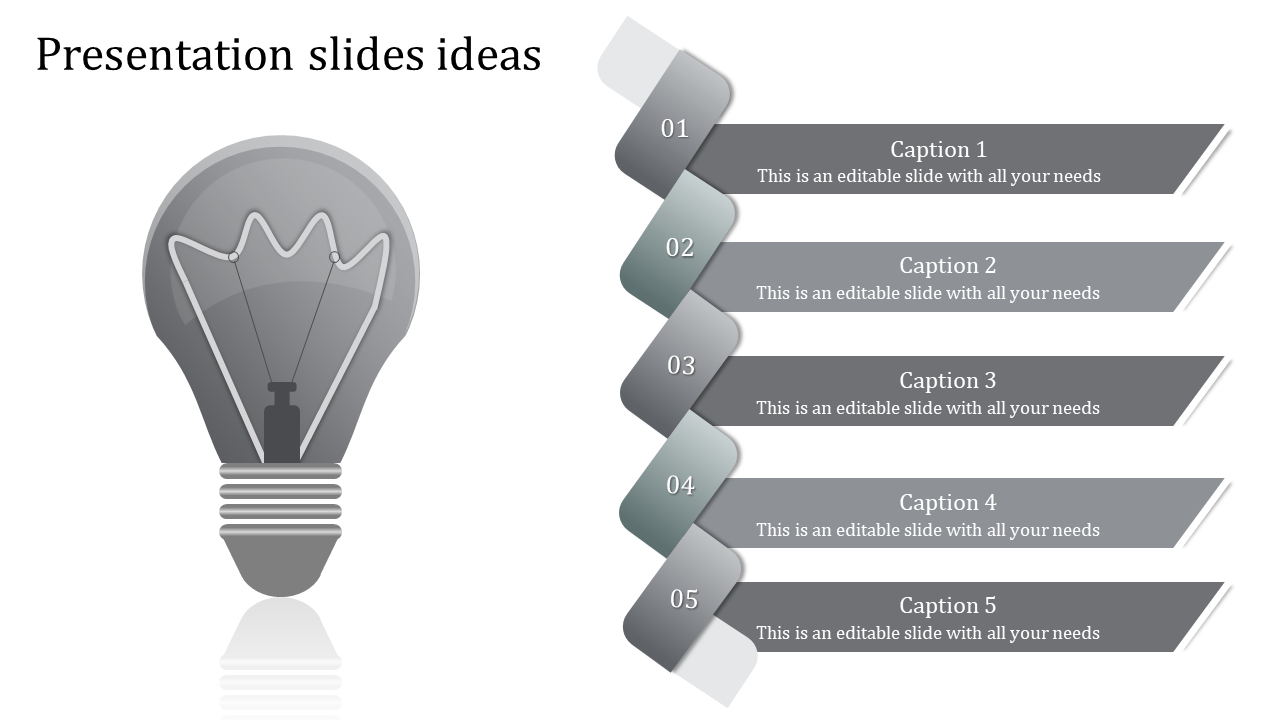 Gray light bulb next to a vertical arrangement of five ribbons numbered and labeled with captions.