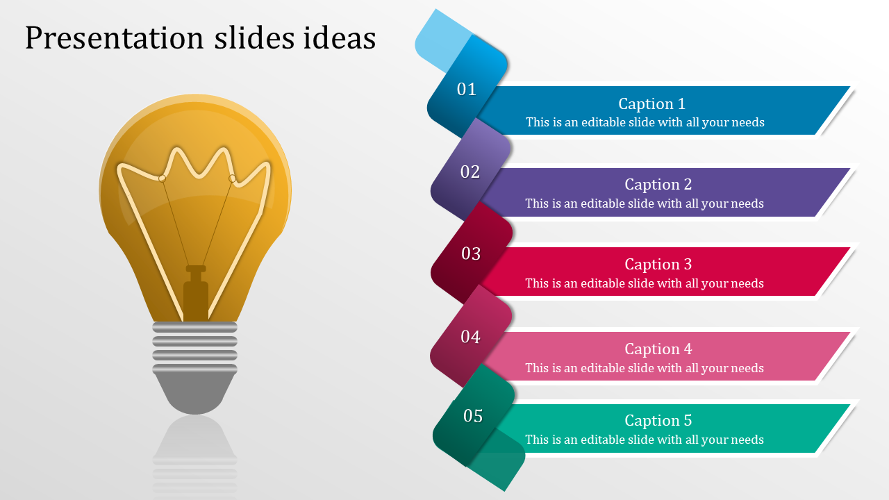 Bright ideas PowerPoint slide with a yellow light bulb and five colorful ribbon sections for captions.