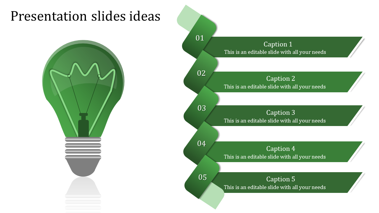 Slide featuring a light bulb graphic and five green ribbon styled captions numbered 01 to 05 on the right.