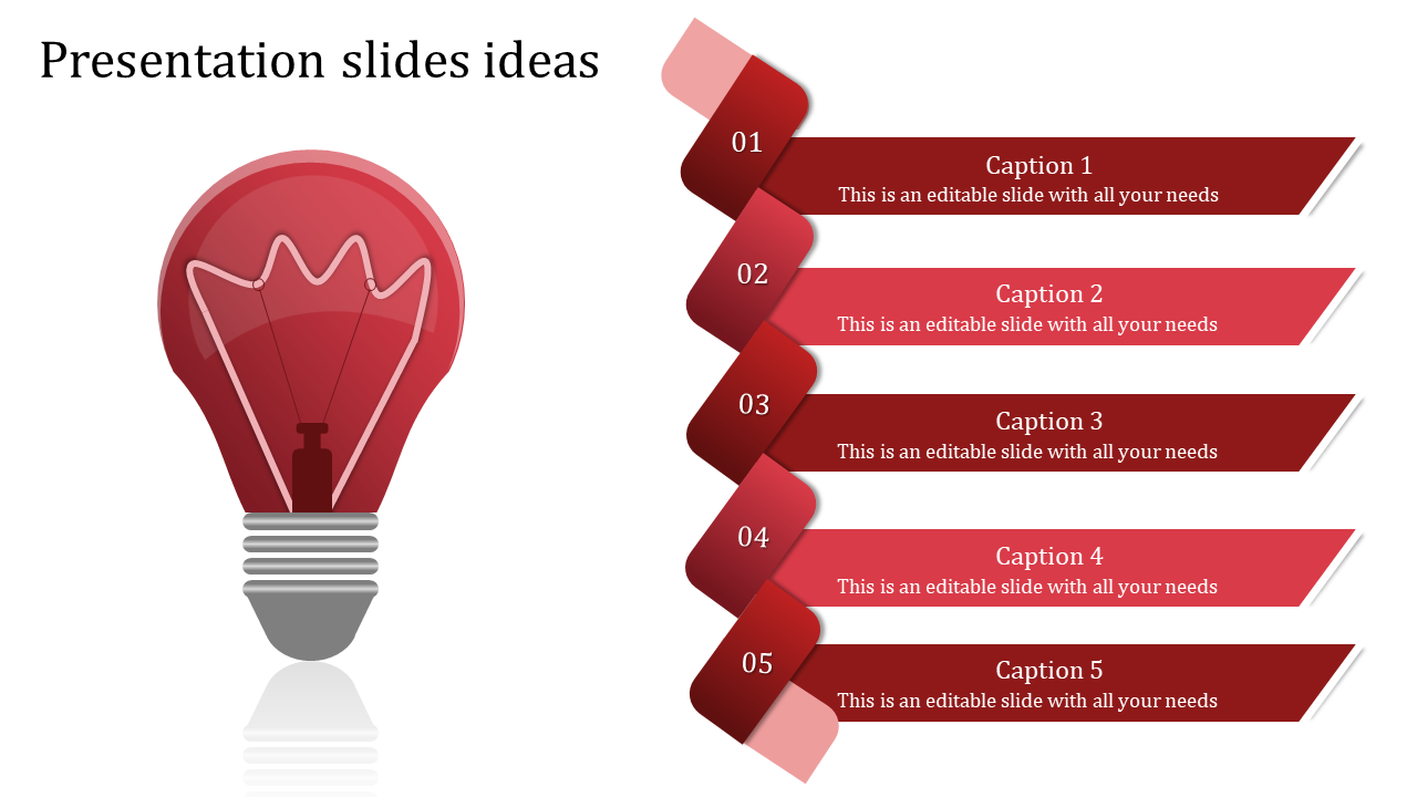 Glowing red light bulb symbolizes idea and creativity, with five curved ribbon steps in red displaying captions.