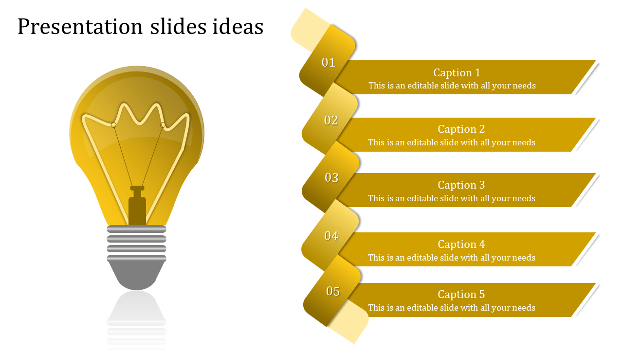 Yellow light bulb illustration on the left with five horizontal gold captions arranged in a numbered ribbon design.