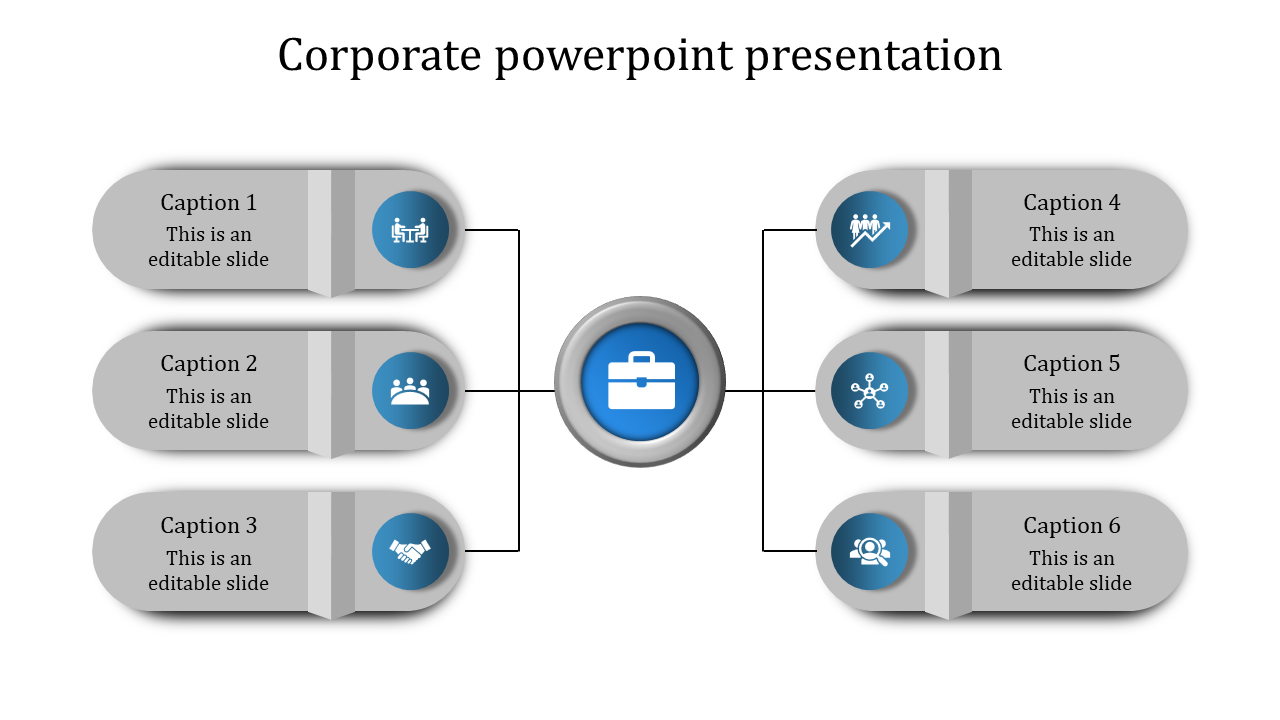 Corporate themed infographic with a central hub, six rounded text boxes with business-related icons, and connecting lines.