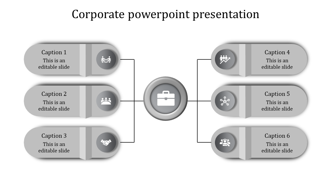 Gray themed infographic with a central hub and six surrounding captions linked with thin black lines.