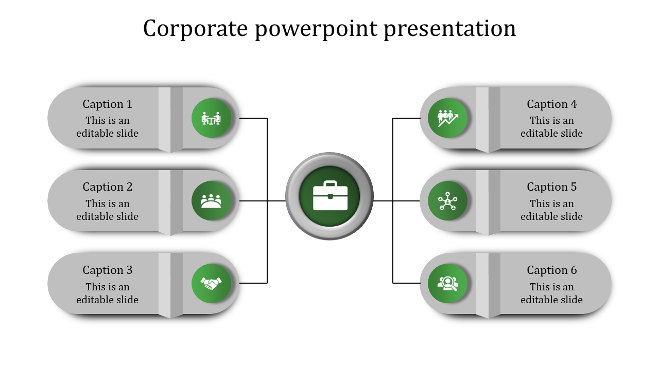 Corporate PPT slide with a central green icon with six surrounding sections, each with a different concept with captions.