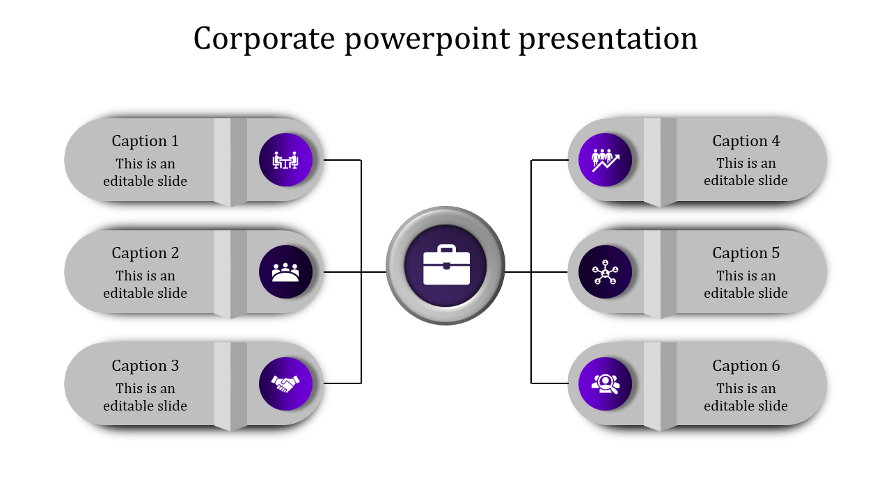 Corporate slide with a central briefcase icon and six connected gray sections featuring purple icons and captions.