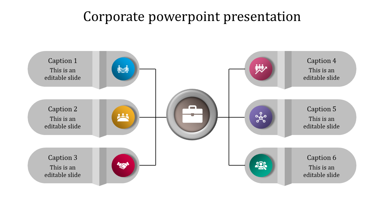 Corporate PPT featuring a central icon with six surrounding sections, each representing a different concept with captions.