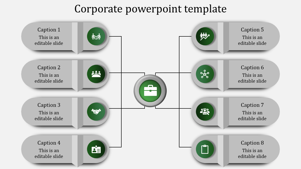 Corporate infographic with a central green briefcase icon linking to eight gray oval-shaped elements.