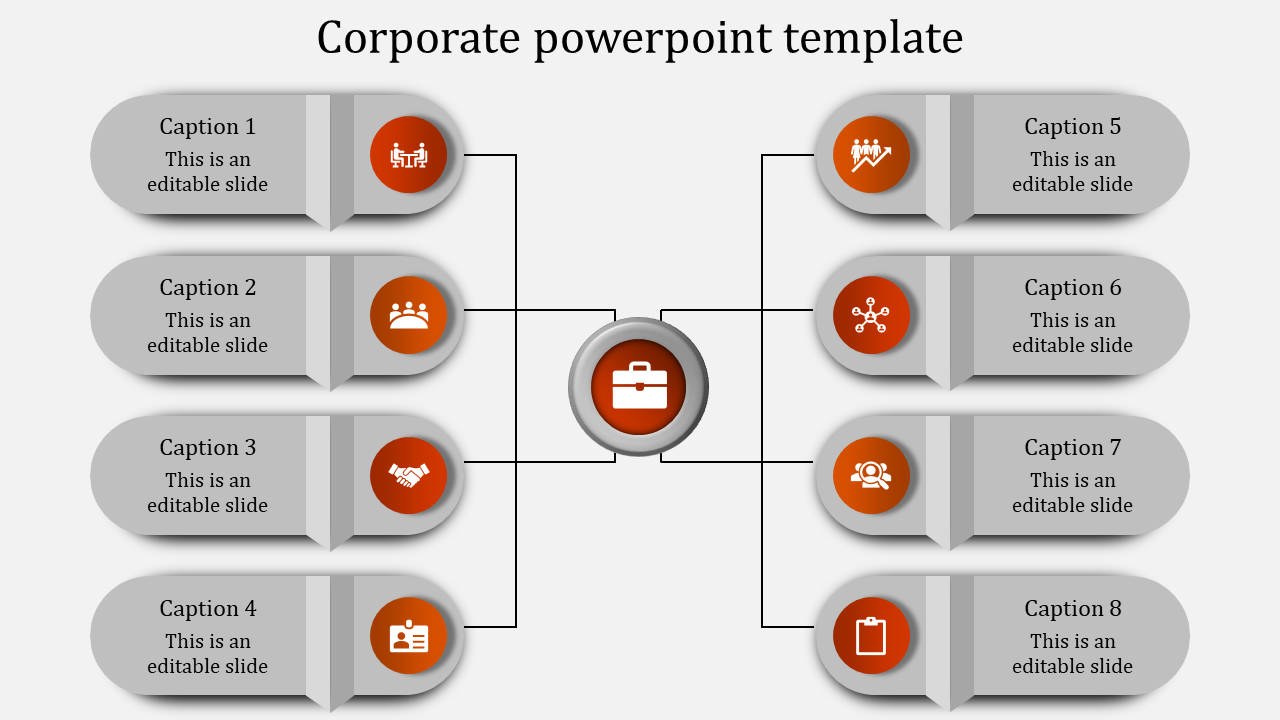 Corporate PowerPoint template with a central icon representing a briefcase and eight surrounding sections with icons.