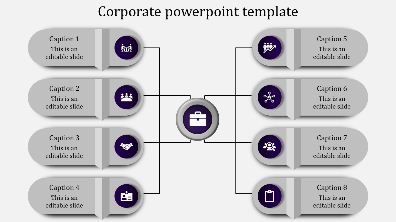 Corporate organizational diagram with a central briefcase icon connecting to eight labeled sections.