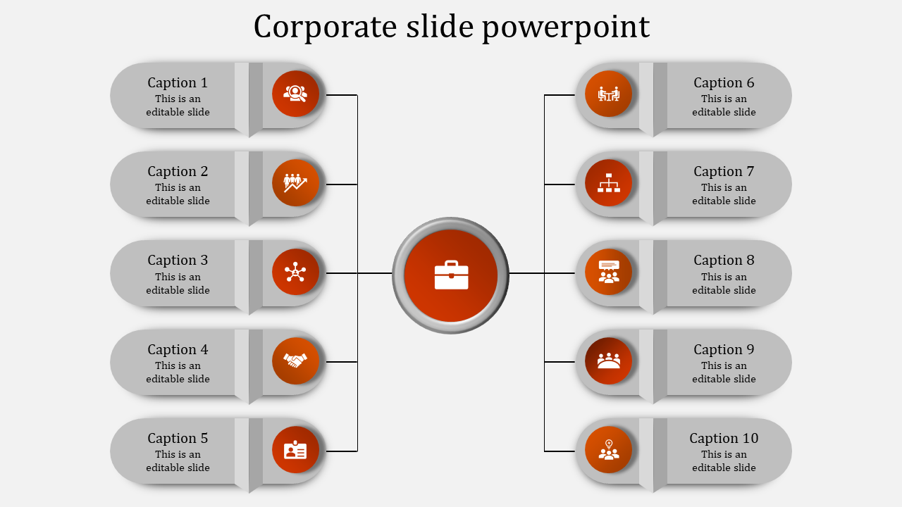 Corporate slide template featuring a central orange icon connected to ten side labeled sections with gray backgrounds.