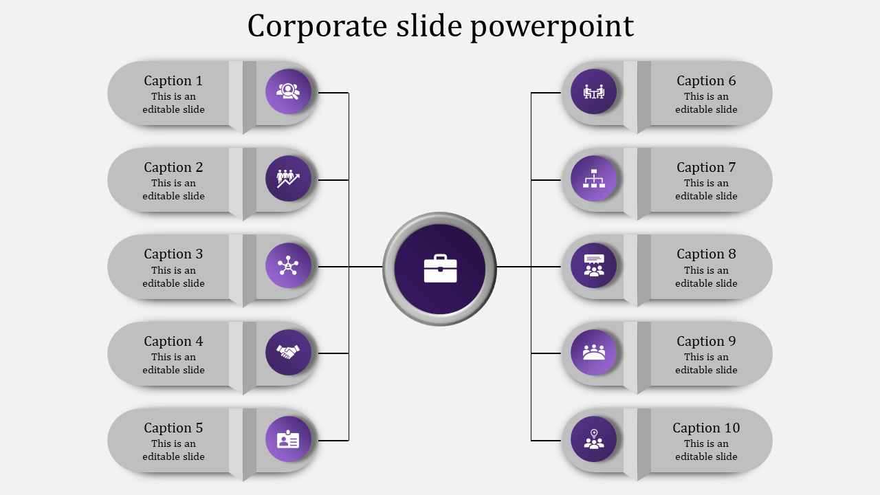 Corporate PowerPoint template with a central icon representing a briefcase and ten surrounding sections with purple icons.