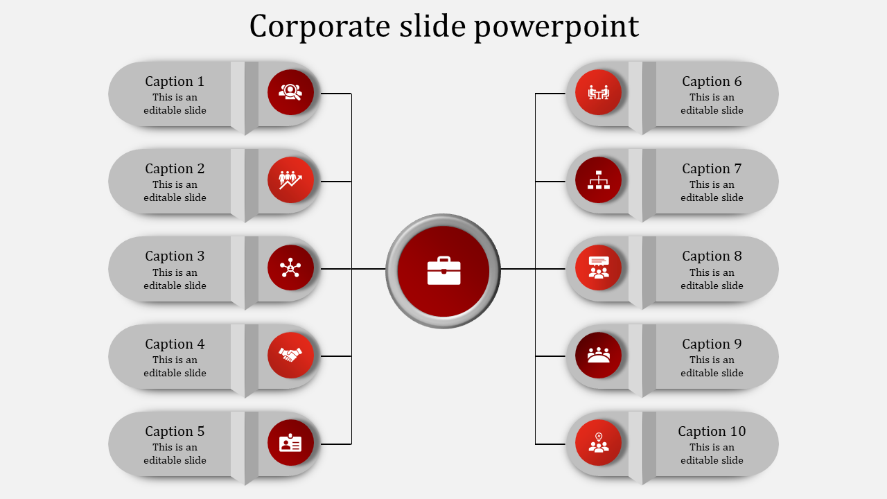 Corporate network diagram with a central red briefcase icon linked to ten business-related sections with red circular icons.